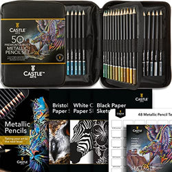 Castle Art Supplies 48 Metallic Colored Pencils Set with Extras | Quality Wax Cores with Shimmering Shades for Professional, Adult Artists, Colorists | in Strong Carry-Anywhere Zipper Case