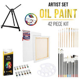 U.S Art Supply 42-Piece Oil Painting Set with Aluminum Tabletop Easel, 12 Oil Paint Colors, Stretched Canvas, Brushes, Plastic Palette & Color Mixing Wheel