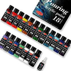 Acrylic Pouring Paint of 20 Bottles (2 oz/60ml) ,18 Assorted Colors Set to Pre-Mixed High Flow Acrylic Paint Pouring Supplies for Canvas Glass Paper Wood Tile and Stones, Complete Paint Pouring Kit
