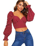 Romwe Women's Elegant Sweetheart Neck Lantern Long Sleeve Shirred Slim Crop Top Blouse Red X-Small