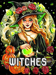 Diamond Painting Kits for Adults，Halloween Witches 5D DIY Diamond Art Full Drill Round Rhinestone Halloween Gifts for Kids Friends Home Wall Decor 12x16 inches