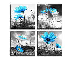 HLJ Arts Modern Salon Theme Black and White Peacock Blue Vase Flower Abstract Painting Still Life Canvas Wall Art for Home Decor 12x12inches 4pcs/set (Blue, 12x12inchesx4pcs (30x30cmx4pcs))