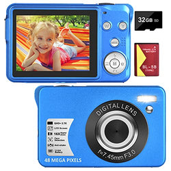 Digital Camera, Vologging Camera 48MP 2.7K with 16X Digital Zoom Compact Camera with 32 GB SD Card and 1 Battery (Blue)