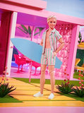 Barbie The Movie Ken Doll Wearing Pastel Pink and Green Striped Beach Matching Set with Surfboard and White Sneakers