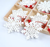 HOUÍSM 24PCS Unfinished Wooden Snowflake Ornaments 3Inch, White Snowflake Hanging Cutouts Blank Wood Slices with Cord Christmas Craft Embellishments for Xmas Tree and Table Décor