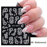 Flower Nail Art Stickers Decals, 8 Sheets 5D Engraved Flower Nail Decals White Wedding Nail Art Accessories French Tips Nail Designs Self Adhesive Lace Flower Carving Nail Stickers for Women Girls