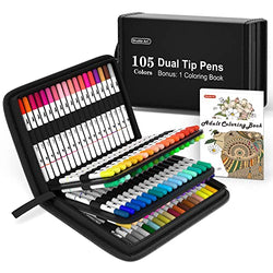 Dual Tip Brush Pens Art Markers, Shuttle Art 105 Colors Fine and Brush Dual Tip Markers Set in Portable Case with 1 Coloring Book for Kids Adult Artist Coloring Calligraphy Journal Doodling Writing