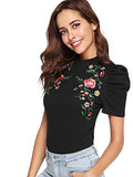 Romwe Women's Elegant Pearl Embellished Puff Short Sleeve Embroidered Blouse Tops (Large, Black-Embroidered)