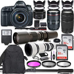 Canon EOS 5D Mark IV DSLR Camera w/ 24-105mm USM Lens Bundle + Canon EF 75-300mm III Lens, Canon 50mm f/1.8, 500mm Lens & 650-1300mm Lens + Backpack + 64GB Memory + Monopod + Professional Bundle