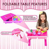 Toddler Folding Storage Table with Toy Dishes, Play Tea Set & Toy Food | 4-Set Plates, Cups & Utensils | Cutting Play Fruits & Knife | Kids Pretend Kitchen Accessories Cookware -Gift for Toddler Girls