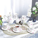 fanquare 21 Piece Porcelain Tea Set for Adults, Coffee Service for 6, White Tea Party Set with Pink Flowers, Green Butterflies
