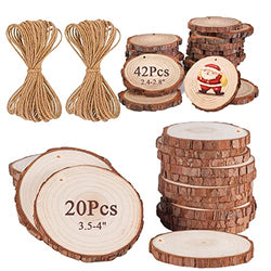 Natural Wood Slices for Crafts, chfine 42Pcs 2.4-2.8 Inches + 20Pcs 3.5-4 Inches Unfinished Wood Rounds with Predrilled Hole and 66 Feet Twine String for DIY Arts Crafts Christmas Halloween Wedding
