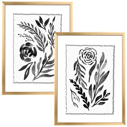 ArtbyHannah 2 Pack 12x16 Wood Modern Gold Picture Frame Set for Framed Wall Art Decor- with Black and white Watercolor Rose Art Print Photo Artwork for Home Decoration