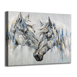 Sdmikeflax Abstract Horses Canvas Wall Art, Large Hand Painted White Couple Horse Painting 36" X 24" , Animal Head Portrait Pictures Farmhouse Wall Decor, Beige Gold Foil Western Artwork for Living Room Bathroom Office