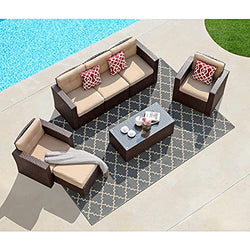 Super Patio 7 Pieces Patio Furniture Set, Outdoor Sectional Rattan Sofa Set, All Weather Wicker Conversation Couch Set with Beige Seat and Back Cushions, Red Throw Pillows, Espresso Brown