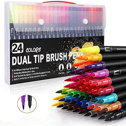 Dual Tip Art Pens Color Dual Marker Brush Pens 24 Colors, Water Based Marker for Kids Adult Coloring Book Journaling Lettering Planner Drawing