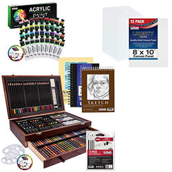 U.S. Art Supply Mega Wood Box Art Set with 36 Color Acrylic Aluminum Tube Paint and 12 Pack of 8 X 10 inch Canvas Panel Boards