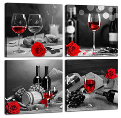 aburaeart Kitchen Wall-Art - Wine Decor for Kitchen,Black and White Wall Art - Modern Wall Art for Living Room - Red Rose Artwork Gray Cask 4 Framed Canvas Art 14x14 Inches