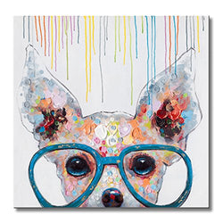 FLY SPRAY 1 Panel Framed 100% Hand Painted Oil Paintings Canvas Wall Art Colorful Dog with Glasses Animal Modern Abstract Artwork Painting for Living Room Bedroom Office Home Decoration