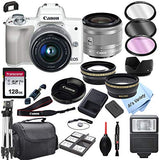 Canon EOS M50 (White) Mirrorless Digital Camera with 15-45mm Zoom Lens Lens + 128GB Card, Tripod, Case, and More (24pc Bundle)