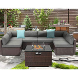 SUNBURY Outdoor 7 Piece Sectional Sofa Propane Fire Pit, Dark Brown Patio Furniture Set w 32-inch 40,000 BTU Square Wicker Fire Table Tank 20 gal Outside for Garden, Poolside, Backyard