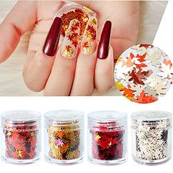 Fall Nail Art Holographic Glitter Maple Leaf Flake Decals 4 Pot,3D Mixed Red Yellow Orange Silver Maple Leaf Shaped Design Acrylic for Nail Supplies - Confetti Spangles for Women Manicure Decoration.