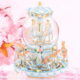 Carousel Snow Globe Music Box - 8 Horse Blue Snowglobe Anniversary Christmas Birthday Gift for Wife Daughter Girlfriend Girl Wind Up Clockwork Musical Box with Led Light Melody You are My Sunshine ¡­