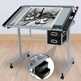 JupiterForce Adjustable Drafting Table Drawing Desk Art Desk Versatile Art Craft Work Station Glass Tabletop w/2 Slide Drawers and Wheels for Reading, Writing, Painting Home Office