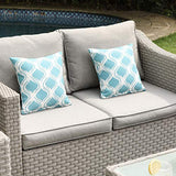 COSIEST 4-Piece Patio Furniture Sectional Sofa All-Weather Outdoor Wicker Conversation Set w Warm Gray Cushions, Glass Coffee Table, 4 Teal Pattern Pillows for Deck, Backyard, Pool