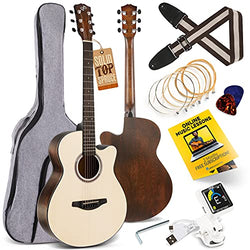 Pyle Premium Solid Spruce Top Steel String Guitar with Cutaway - 40” Full Size Starter Kit Handcrafted Linden Wood w/Gig Bag, Digital Tuner, Extra Strings, Picks, Shoulder Strap for Beginners Adults