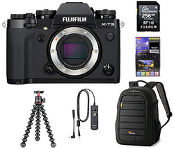 Fujifilm X-T3 Mirrorless Digital Camera, Black (Body Only), Bundle with 256GB SD Card + Lowepro Tahoe Backpack + Joby GorillaPod 3K Kit RR-100 Remote Release + LCD Monitor Protection