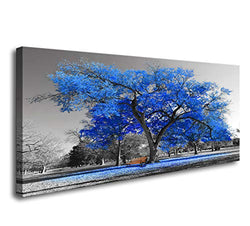 Wall Art Painting Contemporary Blue Tree in Black and White Style Fall Landscape Picture Modern Giclee Stretched and Framed Artwork(24inchx48inch)