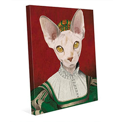 Medieval Sphynx: Anthropomorphic Thin White Cat in Renaissance Dress & Hat Painting Wall Art Print on Canvas