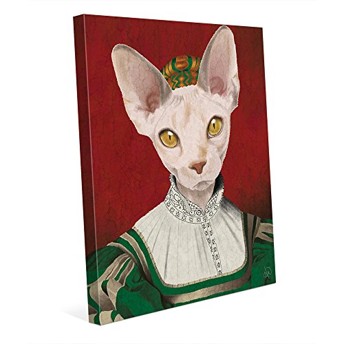 Medieval Sphynx: Anthropomorphic Thin White Cat in Renaissance Dress & Hat Painting Wall Art Print on Canvas