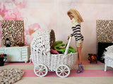 Doll stroller, miniature wicker shabby style pram for Lati Yellow 1:8 scale nursery scenes. buggy furniture