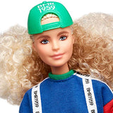 Barbie BMR1959 Fashion Doll with Curly Blonde Hair, in Color Block Sweatshirt with Logo Tape, Fully Poseable, with Accessories and Doll Stand