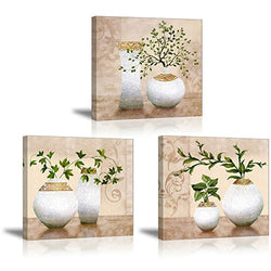 3 Piece Wall Art for Bathroom/Hallway, SZ HD Elegant Canvas Painting Prints of Green Spring Plants in Vases on Beige/Tan Picture (Waterproof Decor, 1" Thick, Bracket Mounted Ready to Hang)