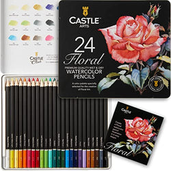 Castle Art Supplies Floral/Botanical Watercolor Pencils Set | 24 Quality, Selected Vibrant Colors | Draw and Paint at the Same Time | For Adult Artists and Gifting | In Special Tin Box
