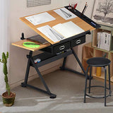 Yaheetech Height Adjustable Drafting Table Drawing Table Artist Desk Tilting Tabletop Art Craft Desk Watercolor Paintings Sketching Work Station w/2 Storage Drawers and Stool for Home Office