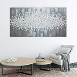 Abstract Modern Canvas Wall Art Flower Oil Painting 100% Hand Painted 3D Pure Gray White Flowers Framed Contemporary Decoration Simple Life Beautiful Blossom Floral Picture Ready to Hang (24x48 inch)