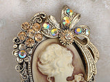 Alilang Vintage Inspired Crystal Rhinestone Victorian Lady Cameo Brooch Pin Maiden Flower Ribbon