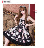 Smiling Angel Sweet Lolita Printed Rabbit Dress Sleeveless Chiffon Lace JSK Princess Dress (Black, S-M)