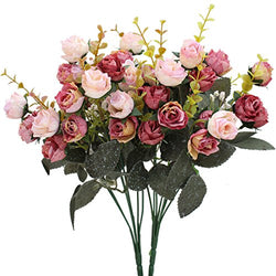 Luyue 7 Branch 21 Heads Artificial Silk Fake Flowers Leaf Rose Wedding Floral Decor Bouquet,Pack of