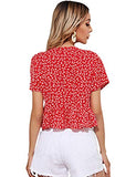 Romwe Women's Allover Print Short Sleeve Tie Knot Front Ruffle Peplum Crop Tops Blouse Red M