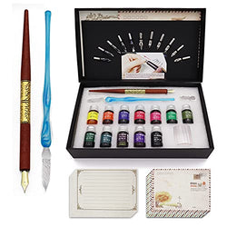Glass pen set, 16 pieces calligraphy set, including 12 color ink, Clean Cup pen holder, 1 crystal glass pen, 1 wooden calligraphy pen, suitable for all beginners