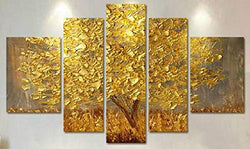 Faicai Art 5 Piece Thick Texture Gold Tree Paintings Canvas Wall Art Hand Oil Canvas Paintings 3D Palette Knife Canvas Artwork Wall Decor for Living Room Bedroom Office Stretched Ready to Hang 50"x24"