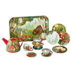 HearthSong 15-Piece Woodland-Themed Decorative Tin Tea Set with Carrying Case for Kids