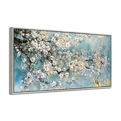 Abstract Flower Wall Art Framed: Dogwood Painting Hand Painted Artwork on Canvas with White Wood Grain Frame (48''W x 24''H,Multi-Sized)
