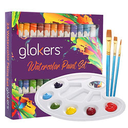 Watercolor Paint Set 24 Colors by Glokers - Arts and Craft Supplies Includes 3 Professional Paint Brushes, 1 Paint Palette - Water Colors Painting Art Kit for Adults, Beginners, Advanced Students
