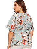 Romwe Women's Plus Size Floral Print Short/Long Sleeve Belt Tie Peplum Wrap Blouse Top Shirts Blue Floral 2XL